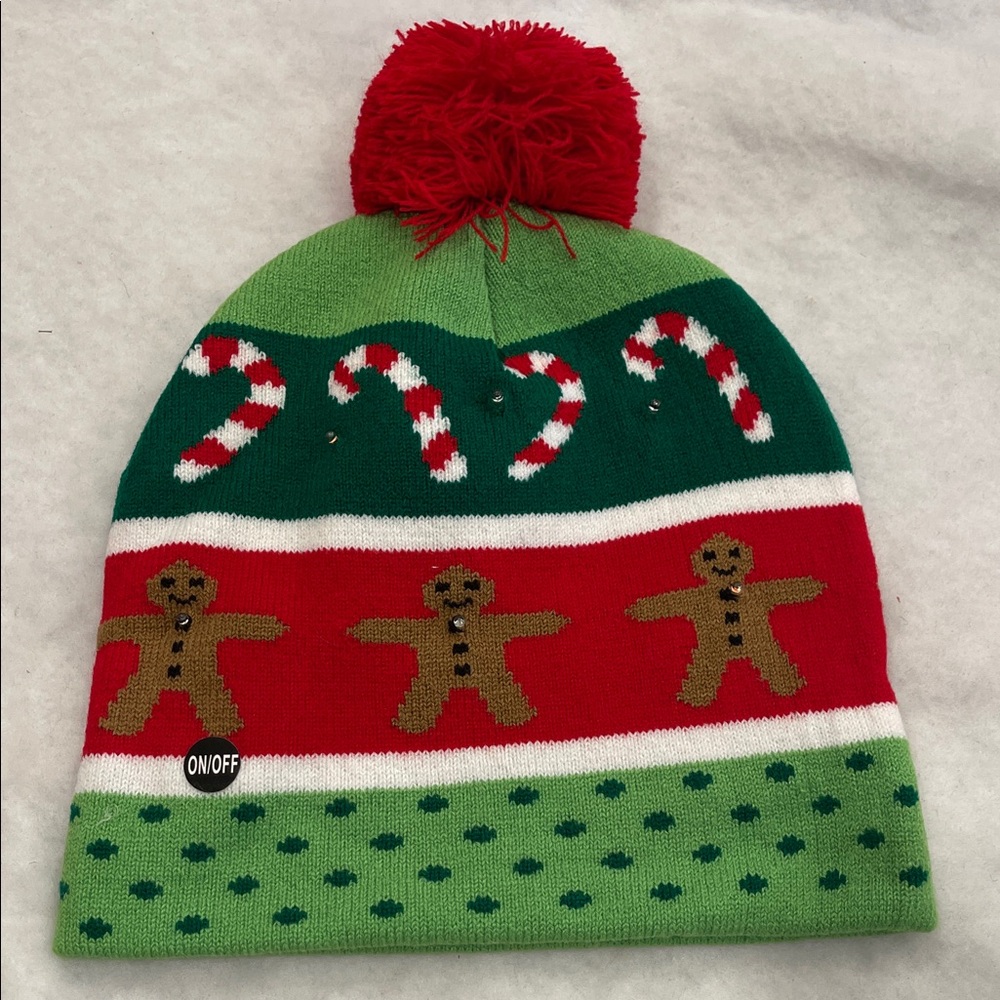 Festive light up adult Beanie hat with pom-pom and gingerbread candy cane new